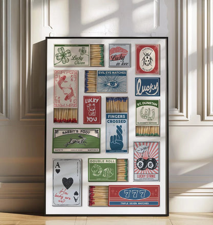 Vintage Matchbox Art Print – Retro Lucky Charm Collage Poster