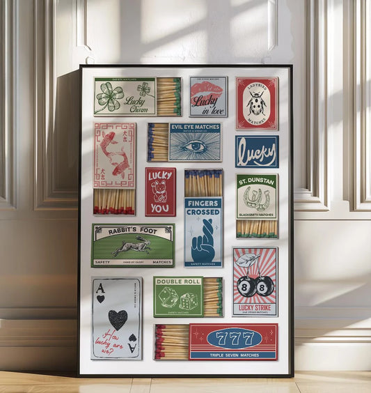 Vintage Matchbox Art Print – Retro Lucky Charm Collage Poster