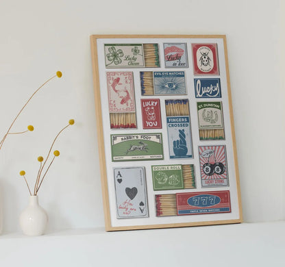 Vintage Matchbox Art Print – Retro Lucky Charm Collage Poster