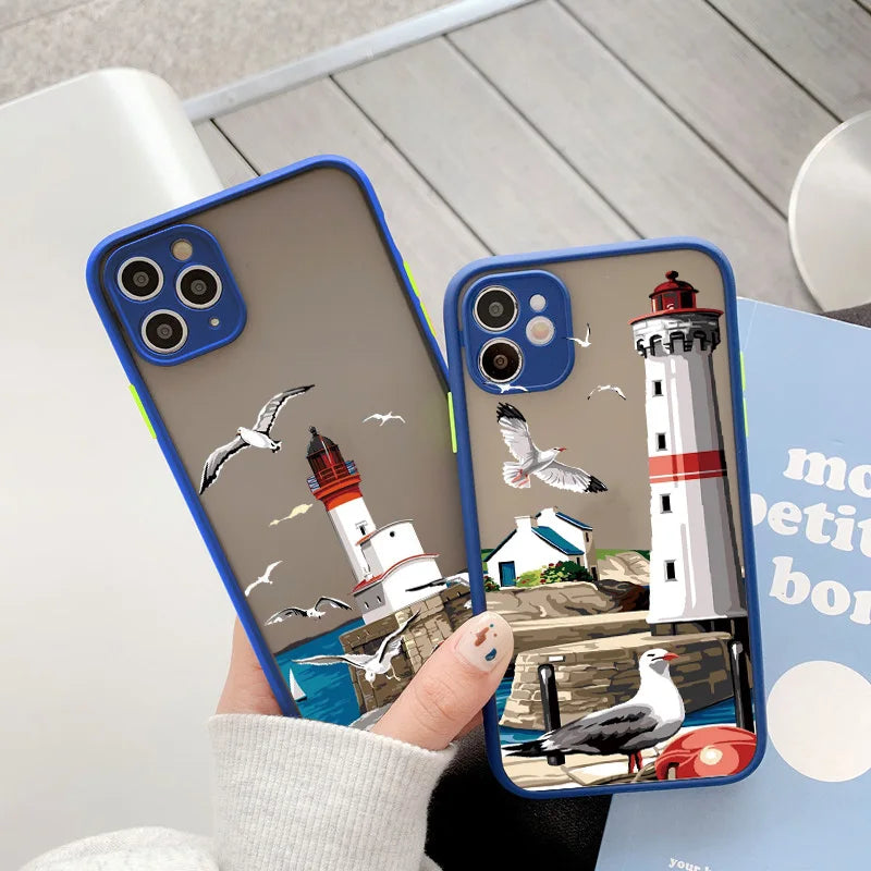 Lighthouse iPhone Case – Hand-Painted Bird & Seagull Art