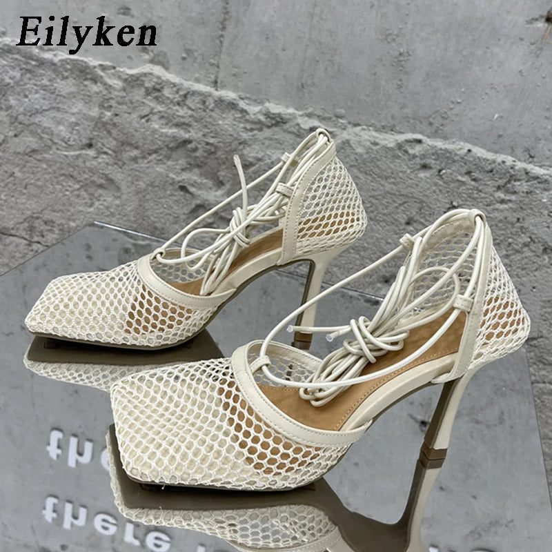 Eilyken Mesh Stiletto Sandals – Square Toe Lace-Up Heels for Women
