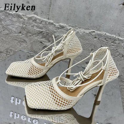 Eilyken Mesh Stiletto Sandals – Square Toe Lace-Up Heels for Women