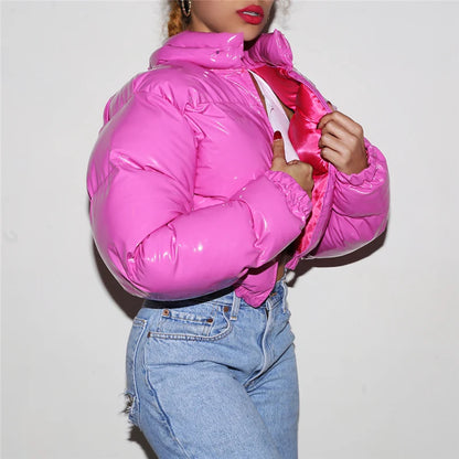 Shiny Cropped Puffer Jacket | Women's Zip-Up Bubble Coat