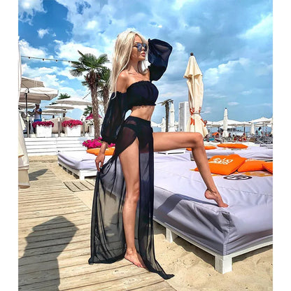 Women's Two-Piece Beach Cover-Up Set Off Shoulder Crop Top & Maxi Skirt
