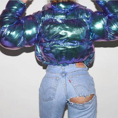 Shiny Cropped Puffer Jacket | Women's Zip-Up Bubble Coat