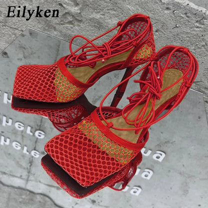 Eilyken Mesh Stiletto Sandals – Square Toe Lace-Up Heels for Women
