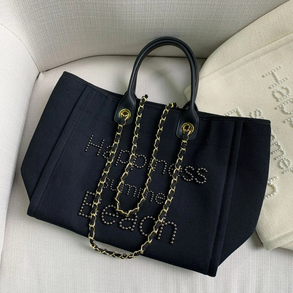 Large Canvas Tote Bag with Chain Strap & Leather Handles for Women