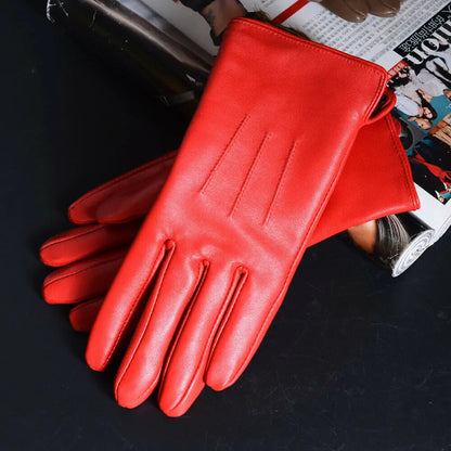 Women's Sheepskin Leather Winter Gloves with Thick Lining