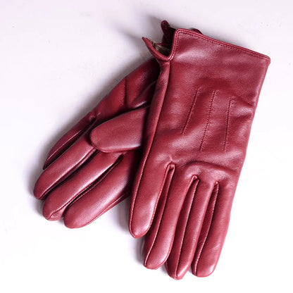 Women's Sheepskin Leather Winter Gloves with Thick Lining
