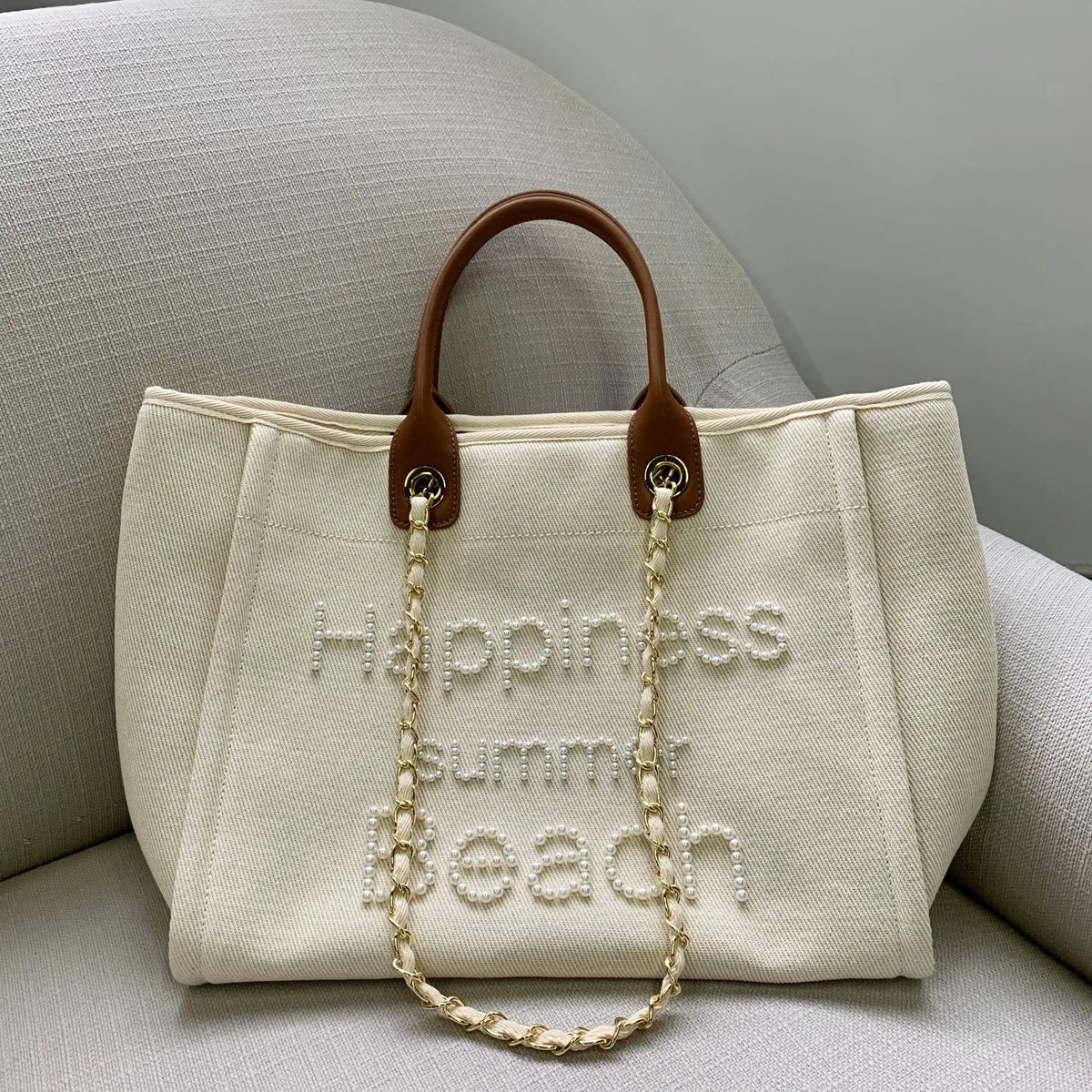 Large Canvas Tote Bag with Chain Strap & Leather Handles for Women