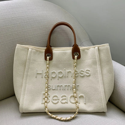 Large Canvas Tote Bag with Chain Strap & Leather Handles for Women