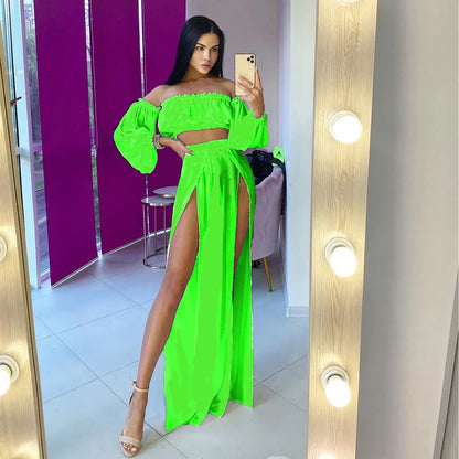 Women's Two-Piece Beach Cover-Up Set Off Shoulder Crop Top & Maxi Skirt