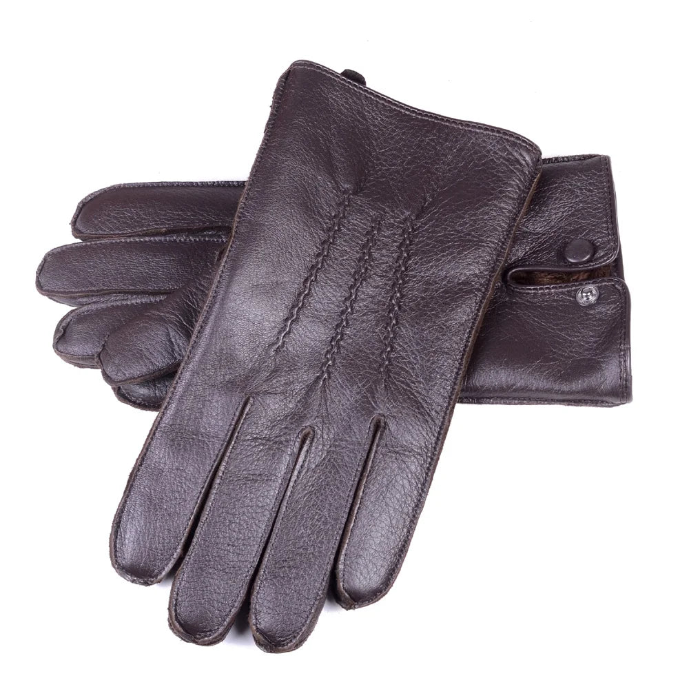 Men S Real Leather Deerskin Wrist Button Winter Warm Driving Short Gloves Outdoor