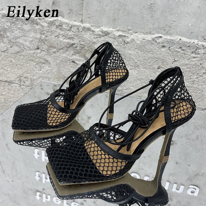 Eilyken Mesh Stiletto Sandals – Square Toe Lace-Up Heels for Women