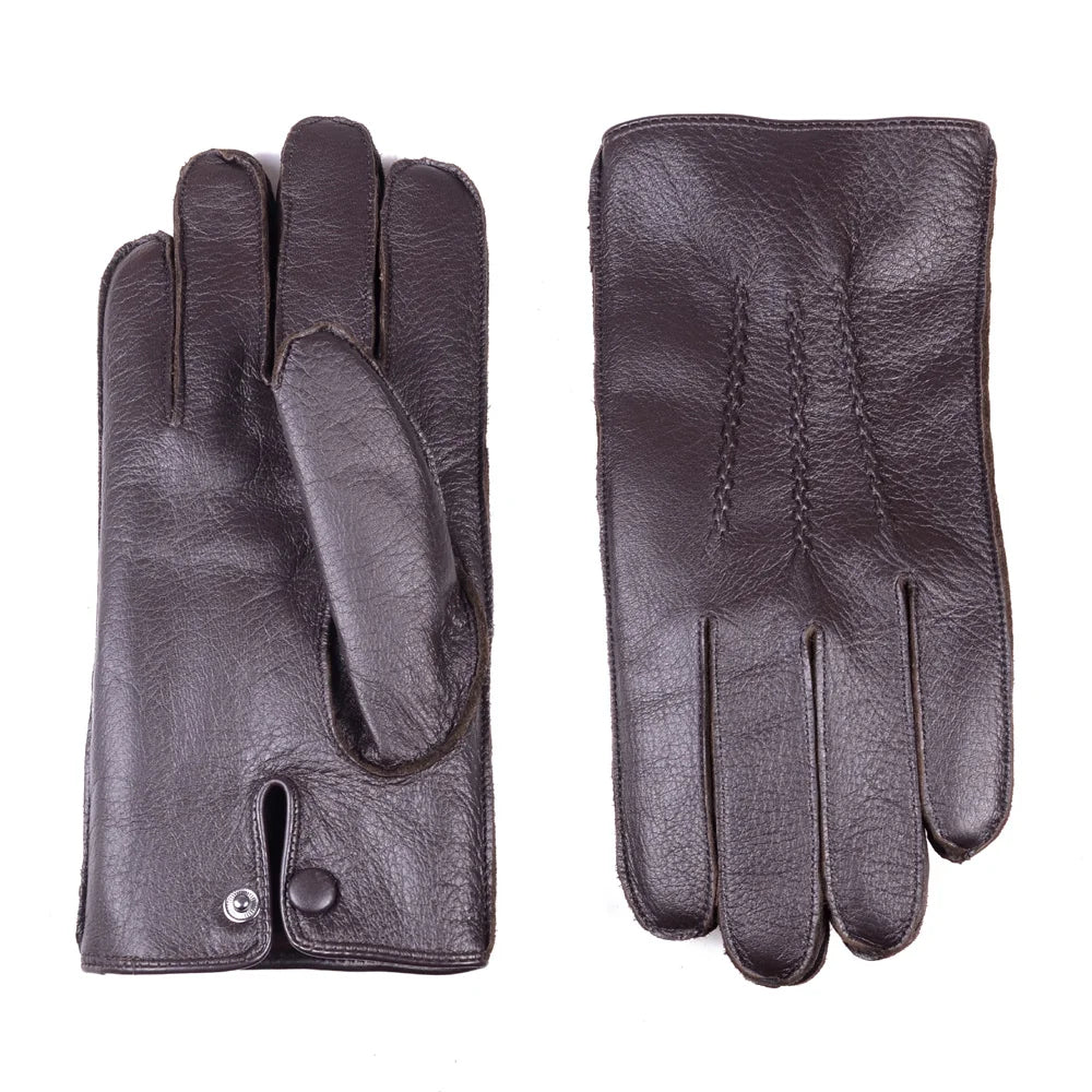 Men S Real Leather Deerskin Wrist Button Winter Warm Driving Short Gloves Outdoor