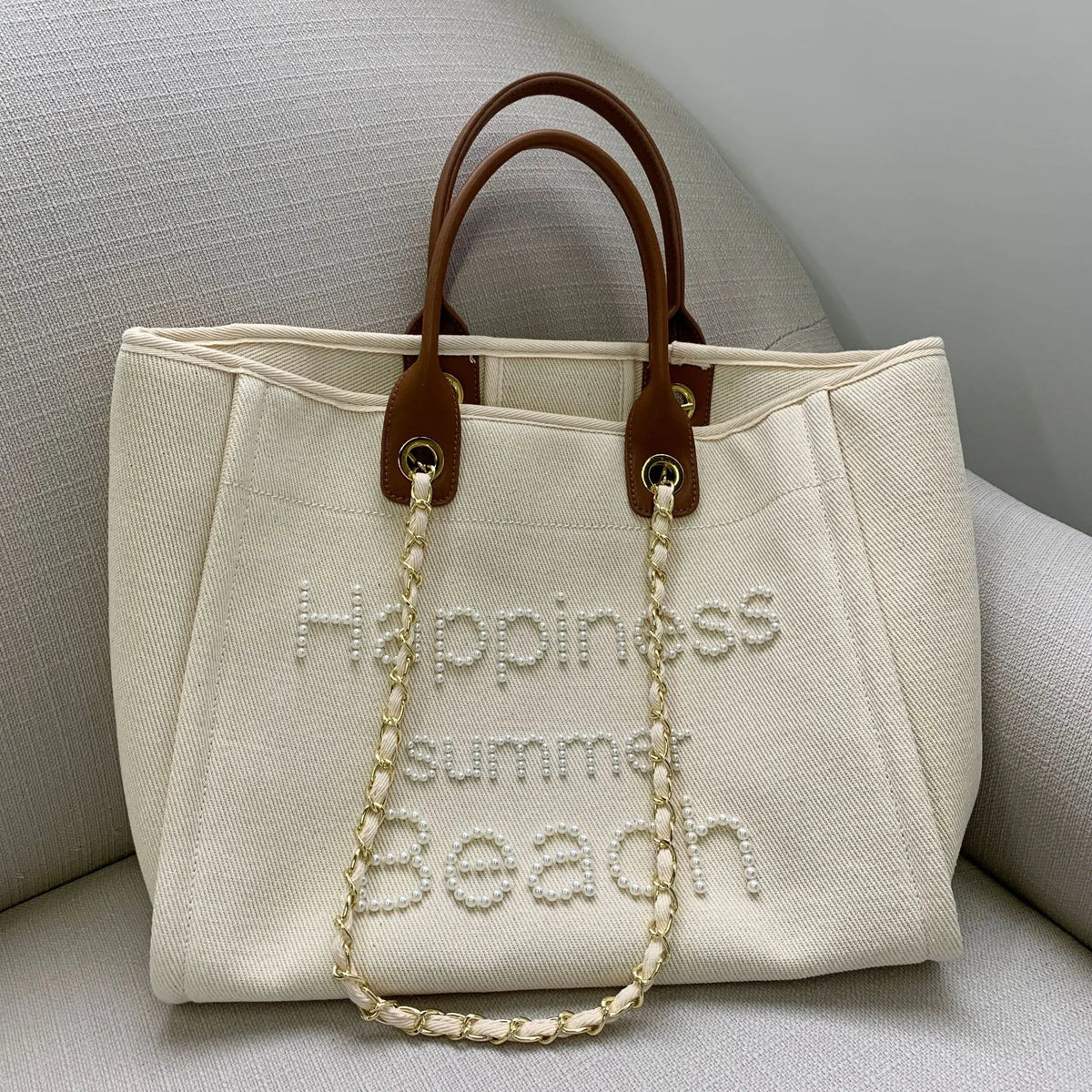 Large Canvas Tote Bag with Chain Strap & Leather Handles for Women