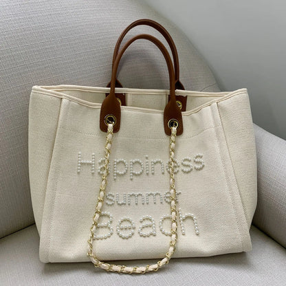 Large Canvas Tote Bag with Chain Strap & Leather Handles for Women