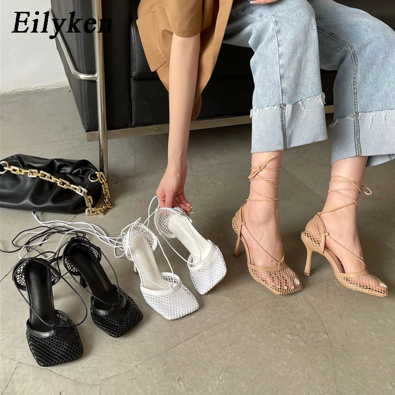 Mesh Lace-Up Stiletto Pumps – Square Toe Hollow Heels