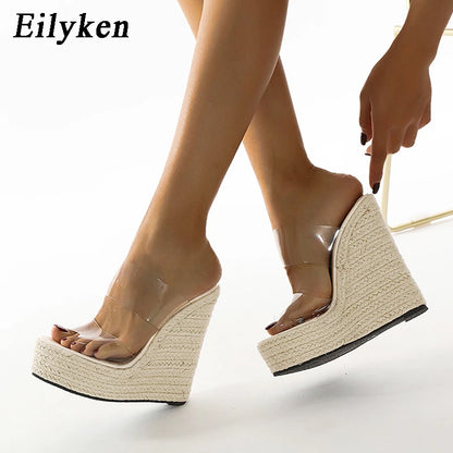 Women's Platform Wedge Sandals – Clear PVC Peep Toe Espadrille Slippers