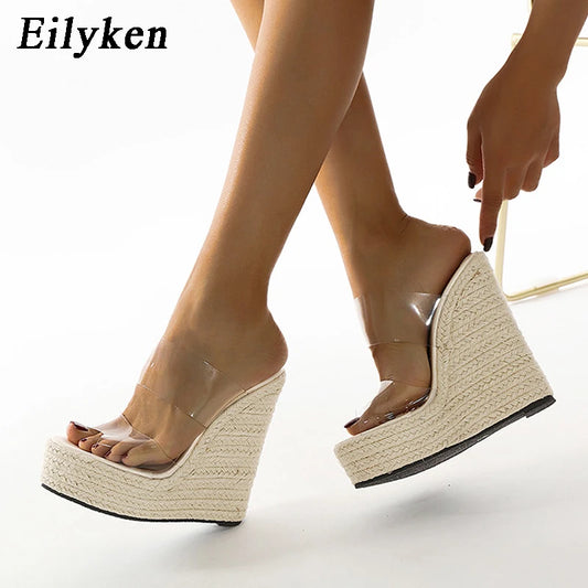 Women's Platform Wedge Sandals – Clear PVC Peep Toe Espadrille Slippers
