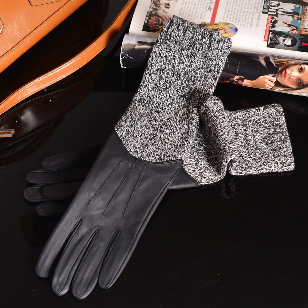 Leather & Knit Long Gloves Women – Mid-Length Opera Evening Gauntlet