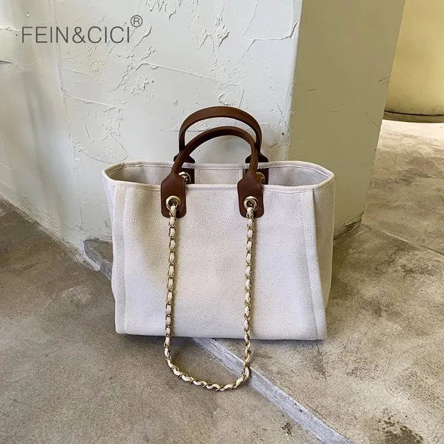 Large Canvas Tote Bag with Chain Strap & Leather Handles for Women