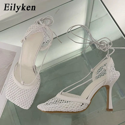 Mesh Lace-Up Stiletto Pumps – Square Toe Hollow Heels