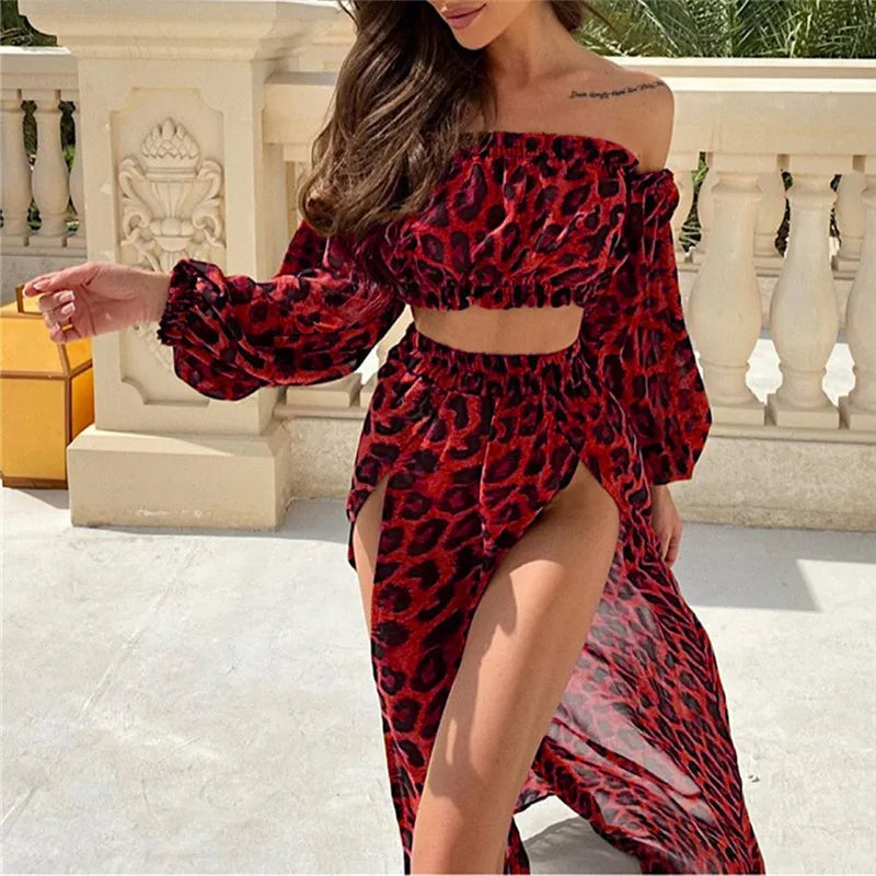 Women's Two-Piece Beach Cover-Up Set Off Shoulder Crop Top & Maxi Skirt
