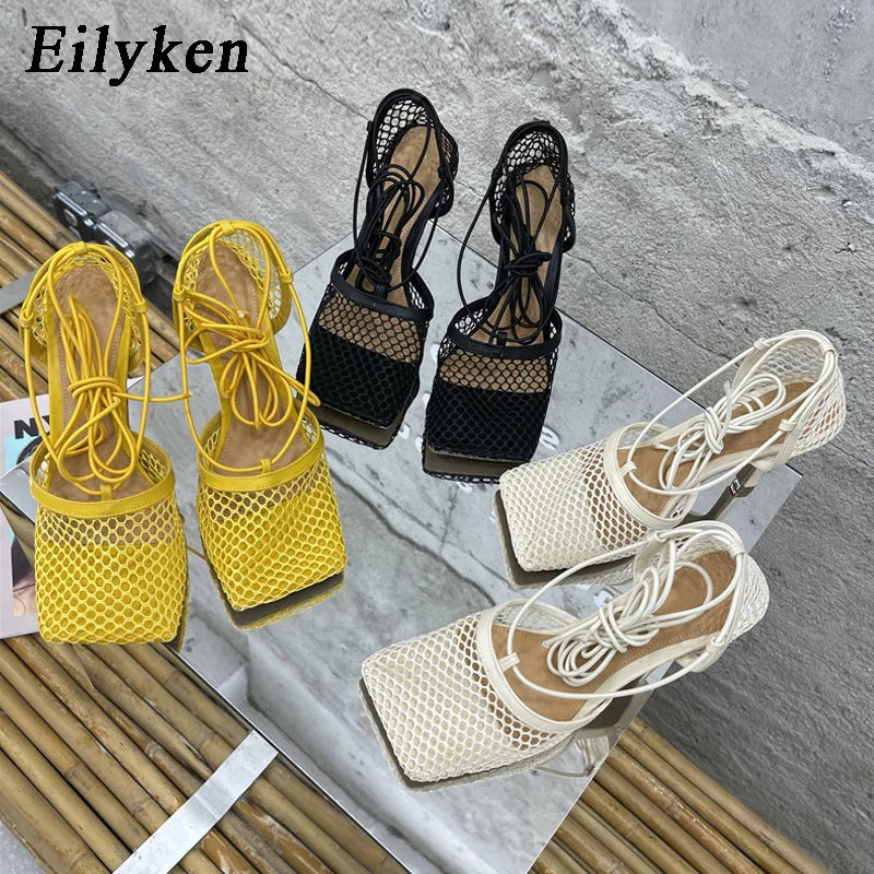 Eilyken Mesh Stiletto Sandals – Square Toe Lace-Up Heels for Women