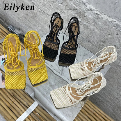 Eilyken Mesh Stiletto Sandals – Square Toe Lace-Up Heels for Women