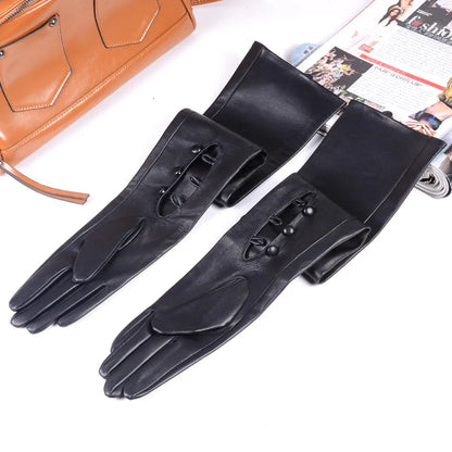 Women's Long Leather Gloves with Buttons – Unlined Evening Gloves 40–80cm