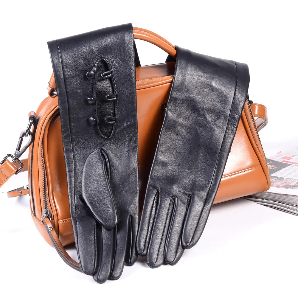 Women's Long Leather Gloves with Buttons – Unlined Evening Gloves 40–80cm