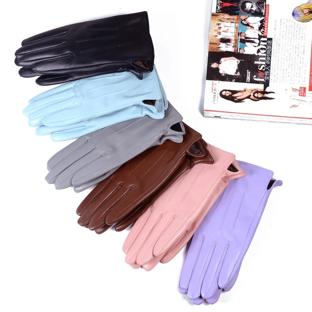 Women's Sheepskin Leather Winter Gloves with Thick Lining