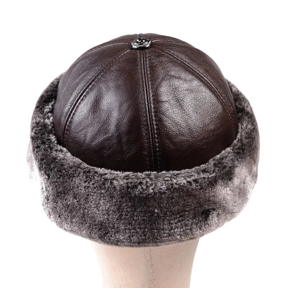 Men's Genuine Leather Brimless Skullcap with Faux Fur Lining