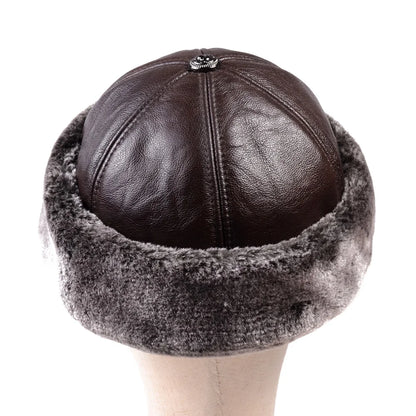 Men's Genuine Leather Brimless Skullcap with Faux Fur Lining