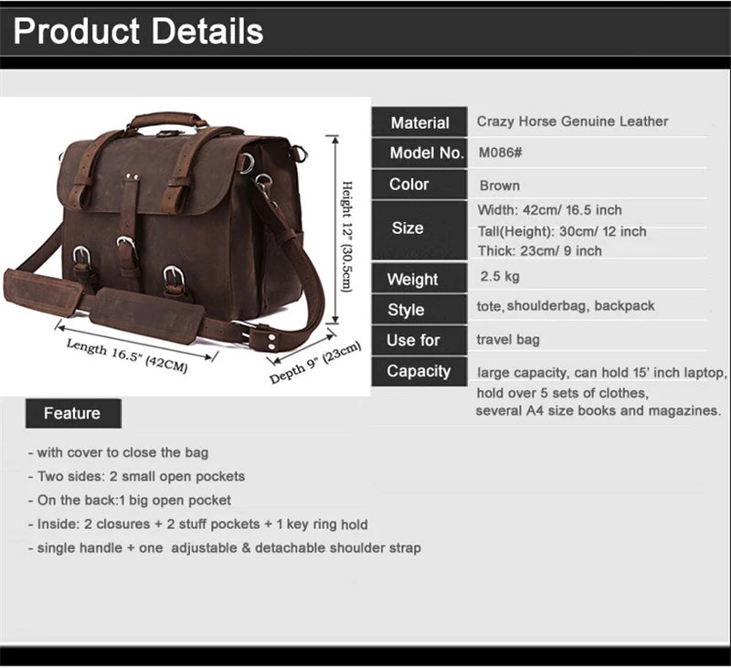 Crazy Horse Leather Briefcase for Men