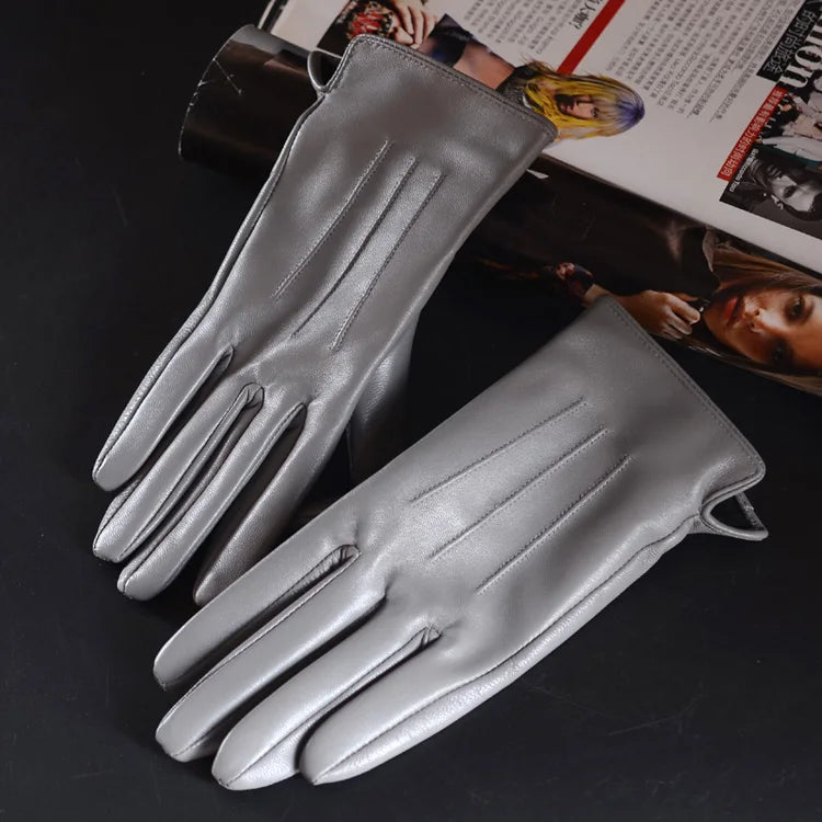 Women's Sheepskin Leather Winter Gloves with Thick Lining