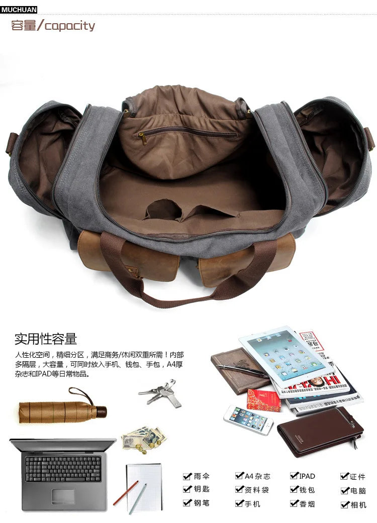 Vintage Canvas Leather Duffle Bag for Men – Large Weekend Travel Bag
