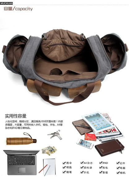 Vintage Canvas Leather Duffle Bag for Men – Large Weekend Travel Bag