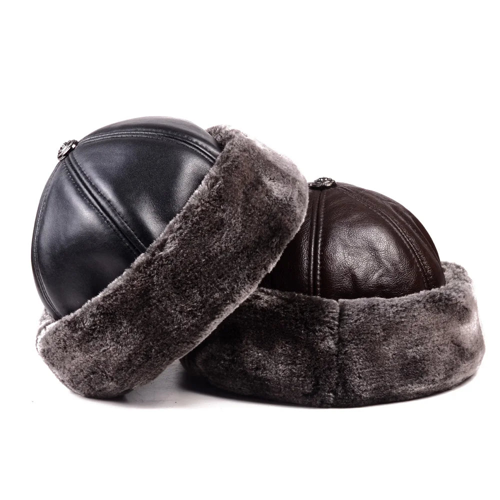 Men's Genuine Leather Brimless Skullcap with Faux Fur Lining