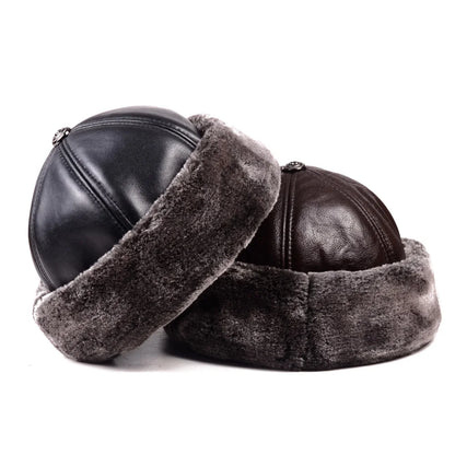 Men's Genuine Leather Brimless Skullcap with Faux Fur Lining