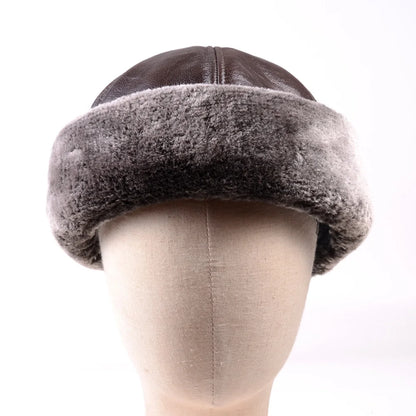 Men's Genuine Leather Brimless Skullcap with Faux Fur Lining