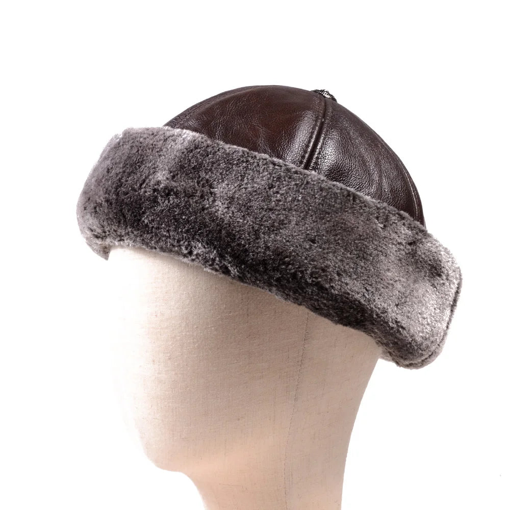 Men's Genuine Leather Brimless Skullcap with Faux Fur Lining