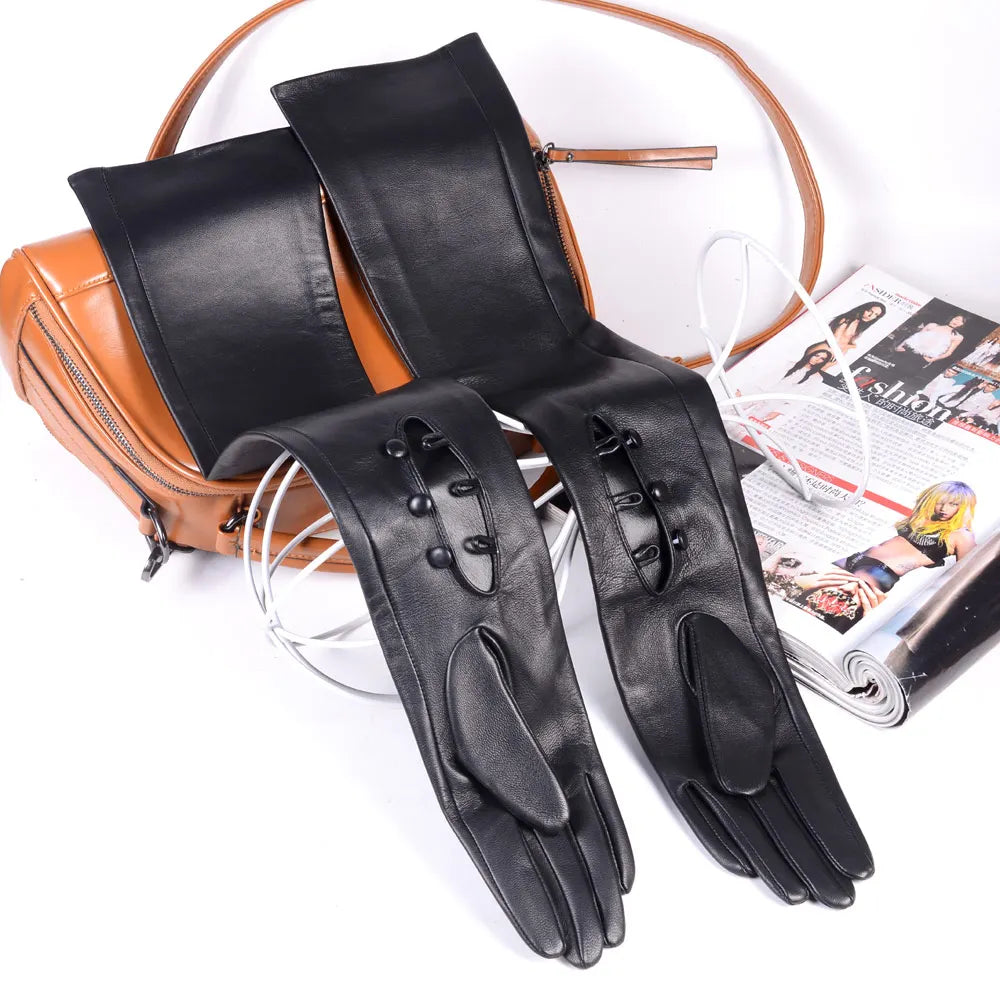 Women's Long Leather Gloves with Buttons – Unlined Evening Gloves 40–80cm