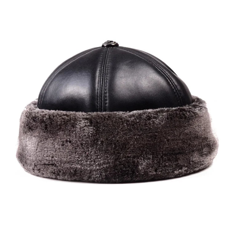 Men's Genuine Leather Brimless Skullcap with Faux Fur Lining