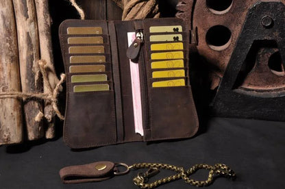 Genuine Leather Long Wallet for Men – Vintage Chain Clutch
