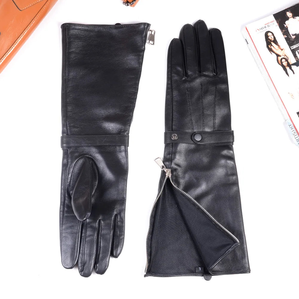 Sheepskin Leather Gauntlet Gloves Men – Long Cuff Zipper Knight Style