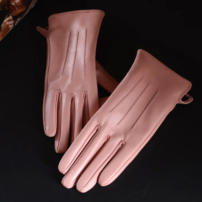 Women's Sheepskin Leather Winter Gloves with Thick Lining
