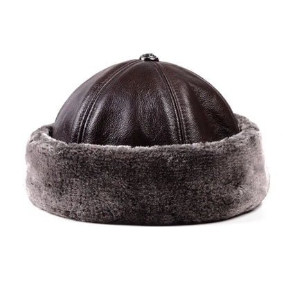 Men's Genuine Leather Brimless Skullcap with Faux Fur Lining