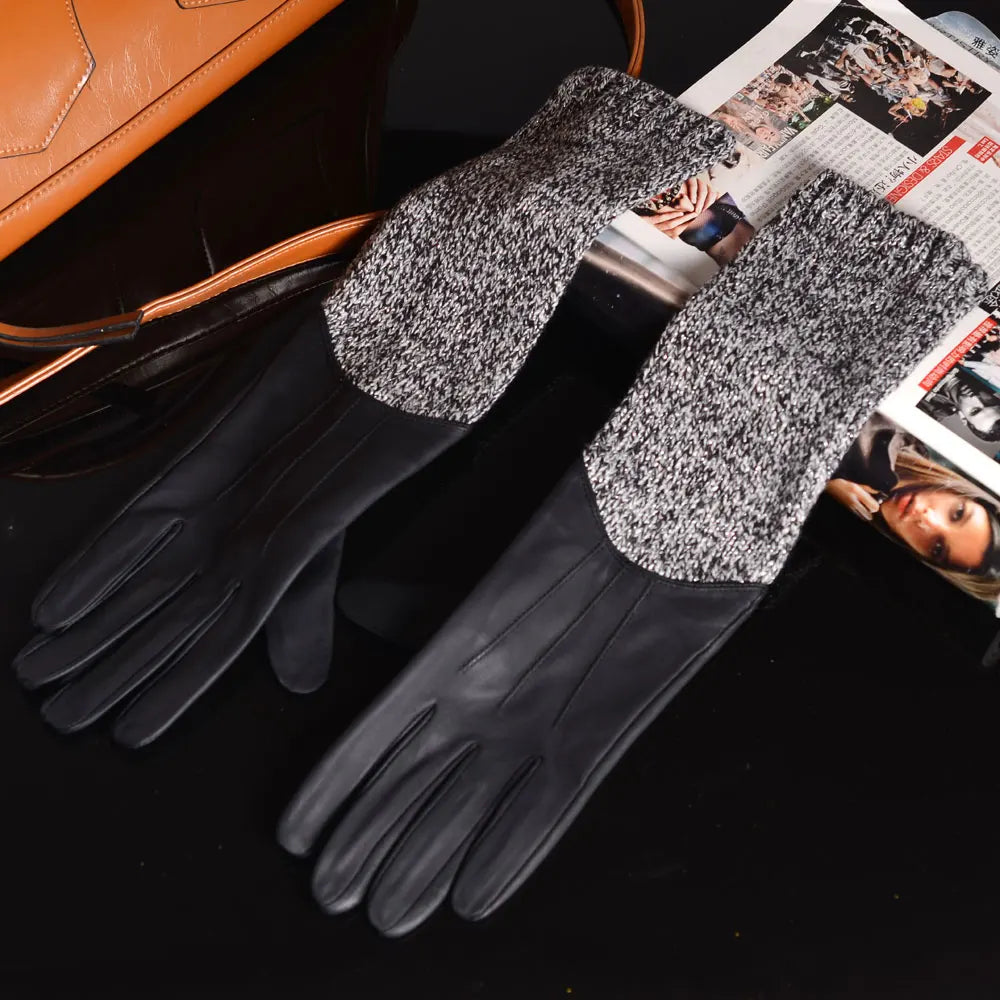 Leather & Knit Long Gloves Women – Mid-Length Opera Evening Gauntlet